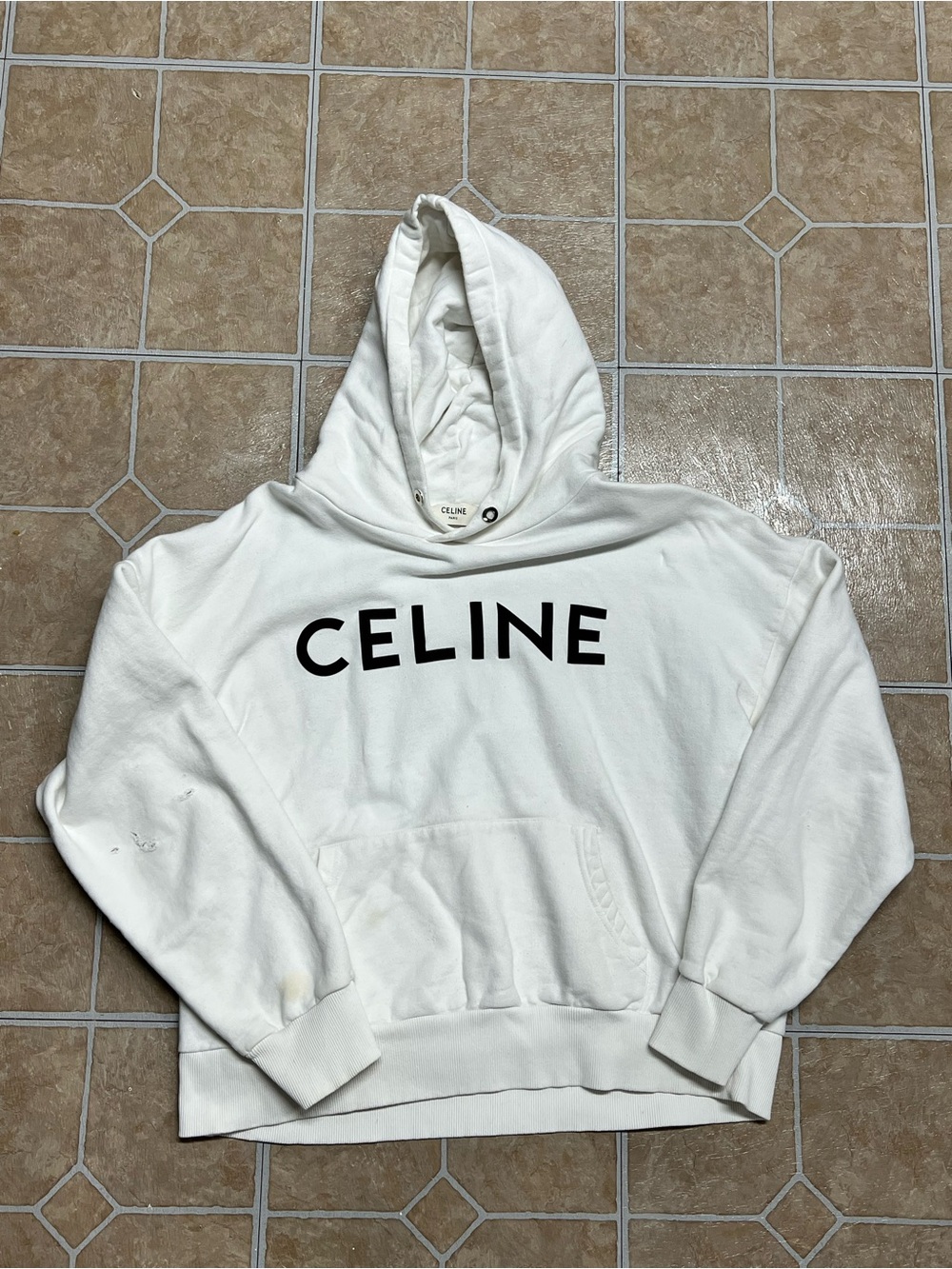White Celine Distressed Hoodie- Size Large